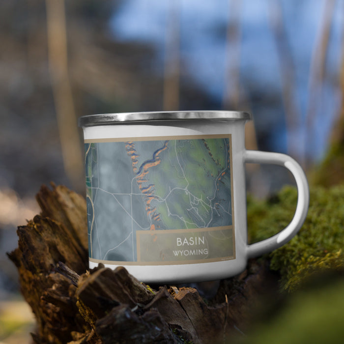 Right View Custom Basin Wyoming Map Enamel Mug in Afternoon on Grass With Trees in Background