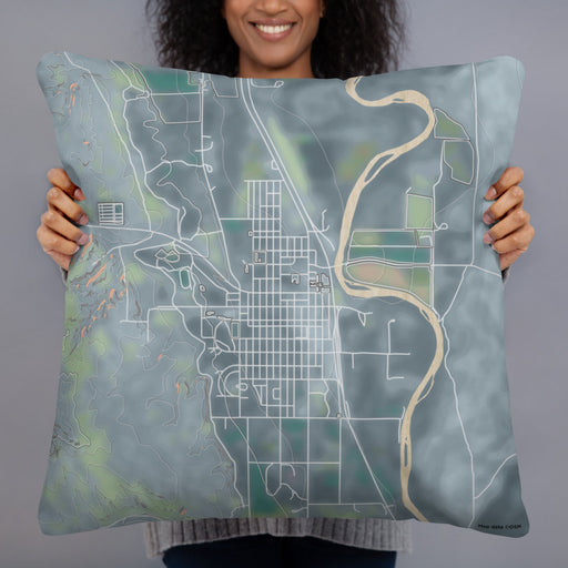 Person holding 22x22 Custom Basin Wyoming Map Throw Pillow in Afternoon