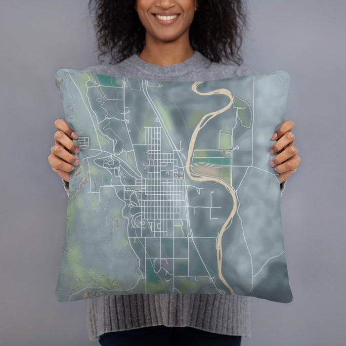 Person holding 18x18 Custom Basin Wyoming Map Throw Pillow in Afternoon
