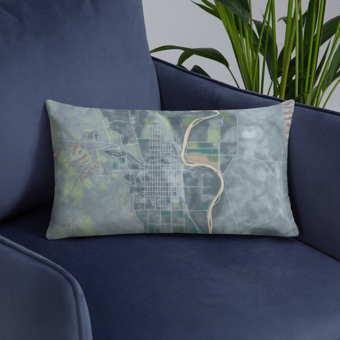 Custom Basin Wyoming Map Throw Pillow in Afternoon on Blue Colored Chair