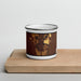 Front View Custom Basin Wyoming Map Enamel Mug in Ember on Cutting Board