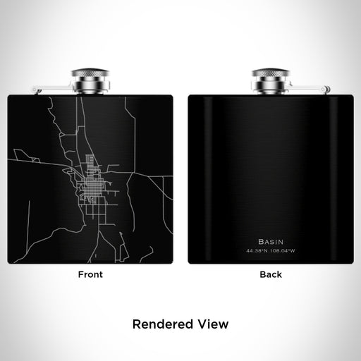 Rendered View of Basin Wyoming Map Engraving on 6oz Stainless Steel Flask in Black