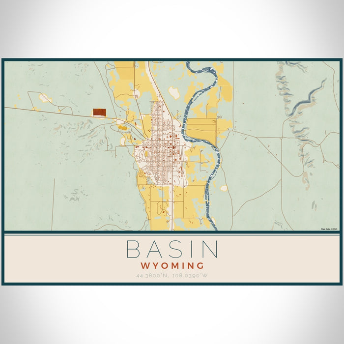 Basin Wyoming Map Print Landscape Orientation in Woodblock Style With Shaded Background