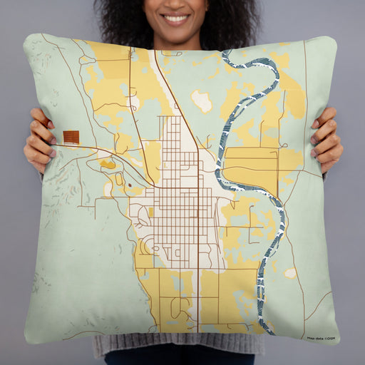 Person holding 22x22 Custom Basin Wyoming Map Throw Pillow in Woodblock