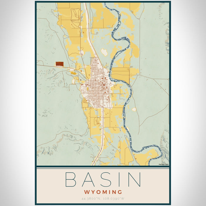 Basin Wyoming Map Print Portrait Orientation in Woodblock Style With Shaded Background