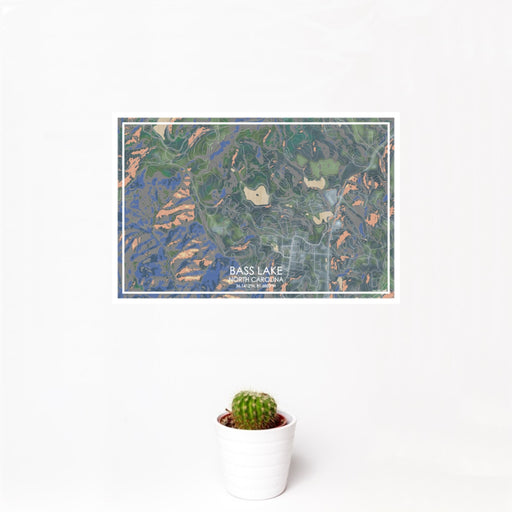 12x18 Bass Lake North Carolina Map Print Landscape Orientation in Afternoon Style With Small Cactus Plant in White Planter