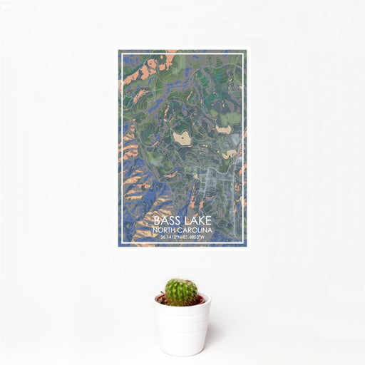 12x18 Bass Lake North Carolina Map Print Portrait Orientation in Afternoon Style With Small Cactus Plant in White Planter