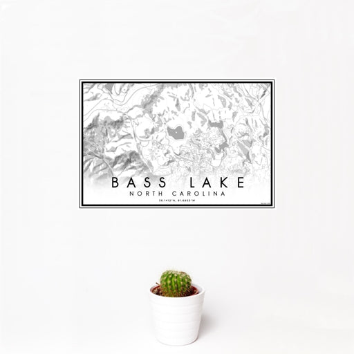 12x18 Bass Lake North Carolina Map Print Landscape Orientation in Classic Style With Small Cactus Plant in White Planter
