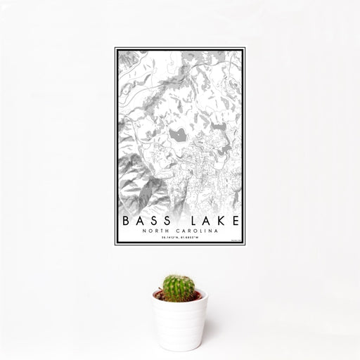 12x18 Bass Lake North Carolina Map Print Portrait Orientation in Classic Style With Small Cactus Plant in White Planter