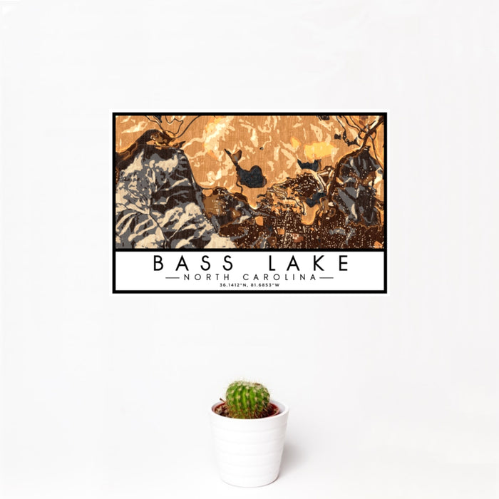 12x18 Bass Lake North Carolina Map Print Landscape Orientation in Ember Style With Small Cactus Plant in White Planter