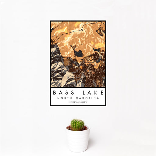 12x18 Bass Lake North Carolina Map Print Portrait Orientation in Ember Style With Small Cactus Plant in White Planter