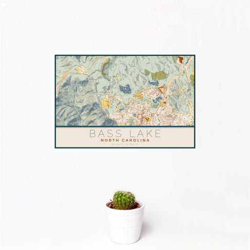 12x18 Bass Lake North Carolina Map Print Landscape Orientation in Woodblock Style With Small Cactus Plant in White Planter