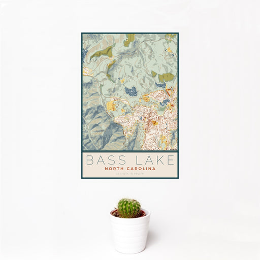12x18 Bass Lake North Carolina Map Print Portrait Orientation in Woodblock Style With Small Cactus Plant in White Planter