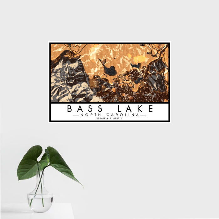 16x24 Bass Lake North Carolina Map Print Landscape Orientation in Ember Style With Tropical Plant Leaves in Water