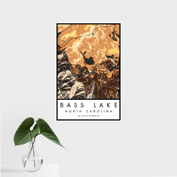 16x24 Bass Lake North Carolina Map Print Portrait Orientation in Ember Style With Tropical Plant Leaves in Water