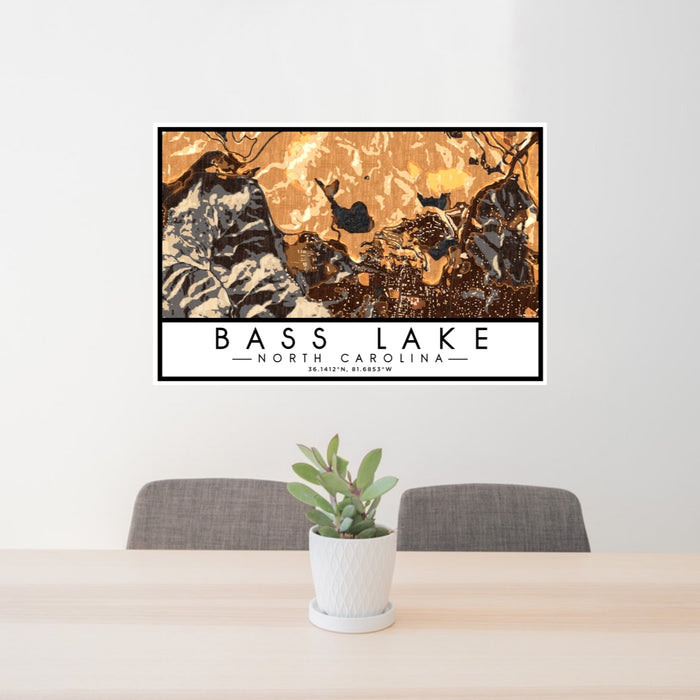 24x36 Bass Lake North Carolina Map Print Lanscape Orientation in Ember Style Behind 2 Chairs Table and Potted Plant