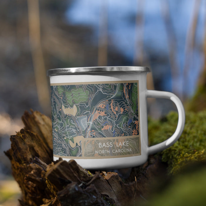 Right View Custom Bass Lake North Carolina Map Enamel Mug in Afternoon on Grass With Trees in Background