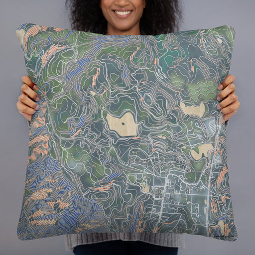 Person holding 22x22 Custom Bass Lake North Carolina Map Throw Pillow in Afternoon