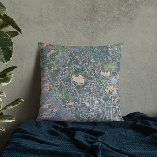 Custom Bass Lake North Carolina Map Throw Pillow in Afternoon on Bedding Against Wall