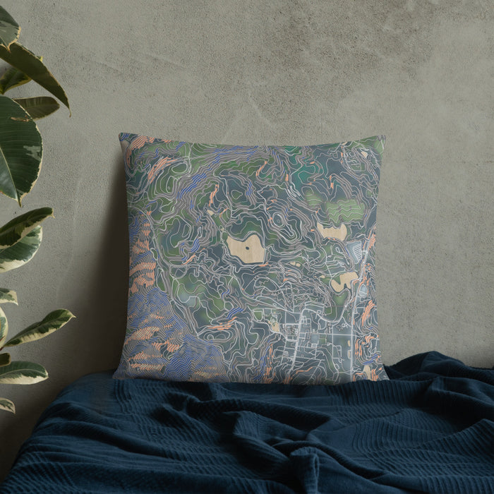 Custom Bass Lake North Carolina Map Throw Pillow in Afternoon on Bedding Against Wall