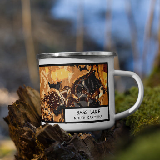 Right View Custom Bass Lake North Carolina Map Enamel Mug in Ember on Grass With Trees in Background
