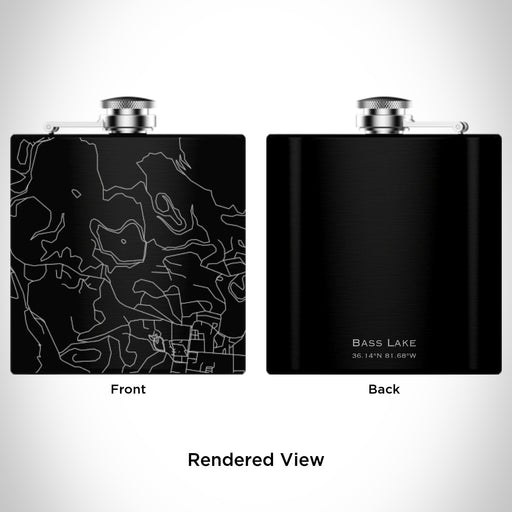 Rendered View of Bass Lake North Carolina Map Engraving on 6oz Stainless Steel Flask in Black