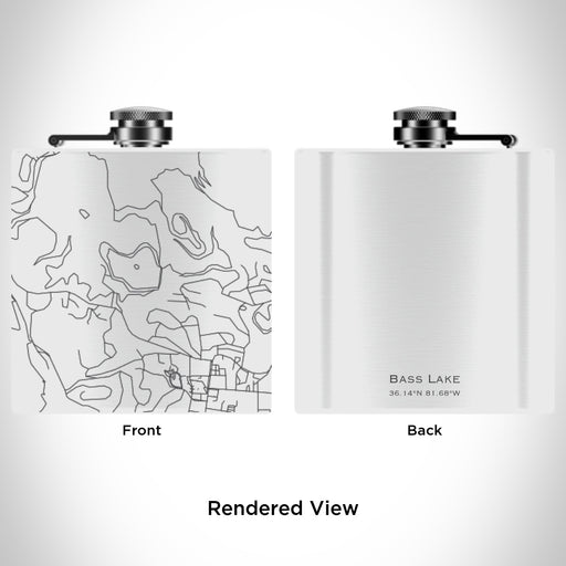 Rendered View of Bass Lake North Carolina Map Engraving on 6oz Stainless Steel Flask in White