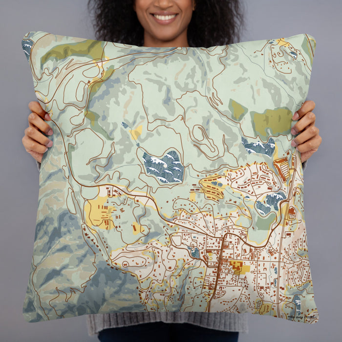 Person holding 22x22 Custom Bass Lake North Carolina Map Throw Pillow in Woodblock