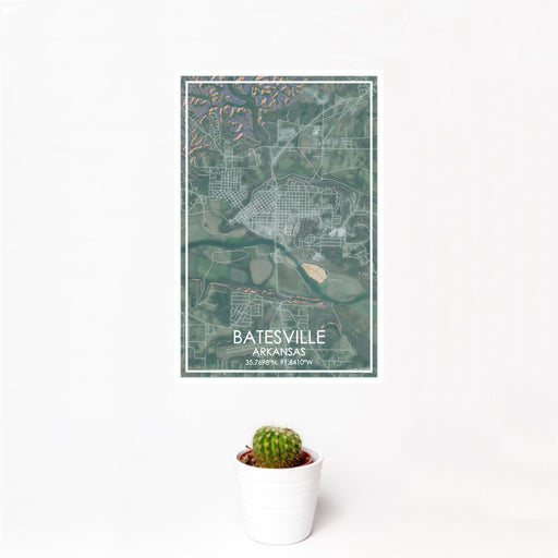 12x18 Batesville Arkansas Map Print Portrait Orientation in Afternoon Style With Small Cactus Plant in White Planter