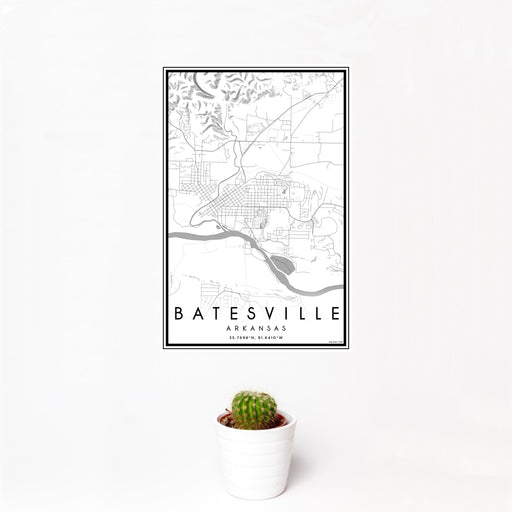 12x18 Batesville Arkansas Map Print Portrait Orientation in Classic Style With Small Cactus Plant in White Planter