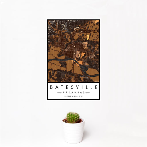 12x18 Batesville Arkansas Map Print Portrait Orientation in Ember Style With Small Cactus Plant in White Planter