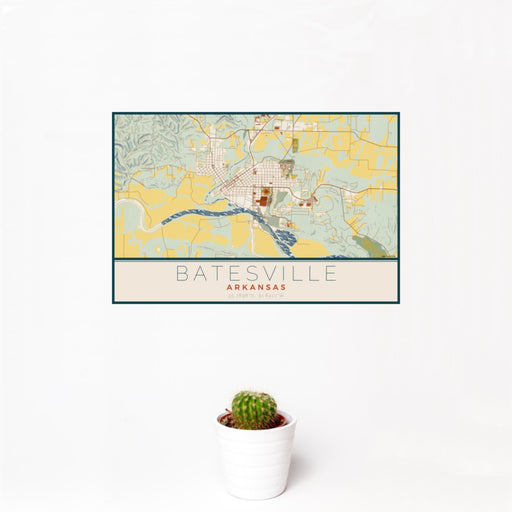 12x18 Batesville Arkansas Map Print Landscape Orientation in Woodblock Style With Small Cactus Plant in White Planter