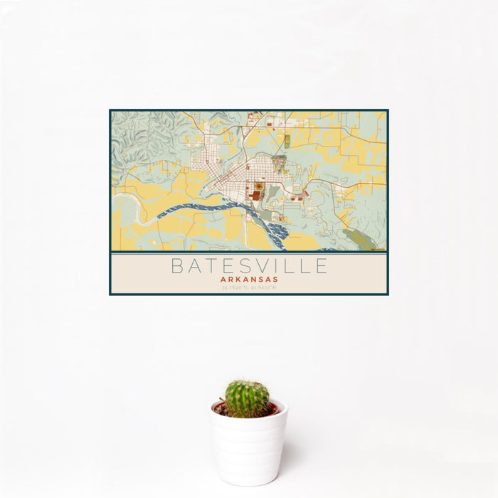 12x18 Batesville Arkansas Map Print Landscape Orientation in Woodblock Style With Small Cactus Plant in White Planter
