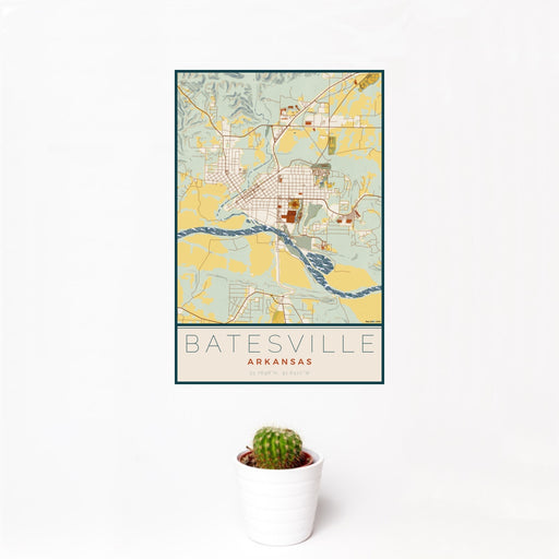 12x18 Batesville Arkansas Map Print Portrait Orientation in Woodblock Style With Small Cactus Plant in White Planter