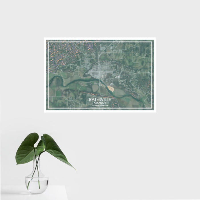16x24 Batesville Arkansas Map Print Landscape Orientation in Afternoon Style With Tropical Plant Leaves in Water