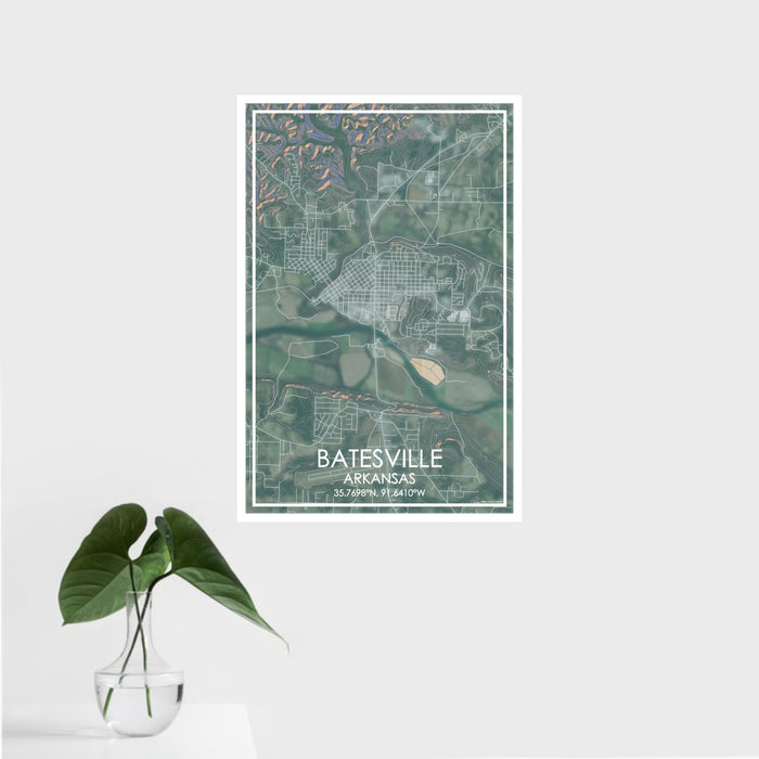16x24 Batesville Arkansas Map Print Portrait Orientation in Afternoon Style With Tropical Plant Leaves in Water