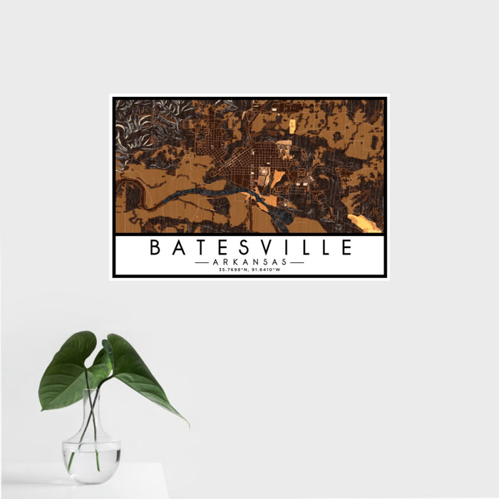 16x24 Batesville Arkansas Map Print Landscape Orientation in Ember Style With Tropical Plant Leaves in Water