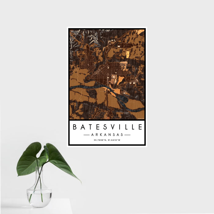 16x24 Batesville Arkansas Map Print Portrait Orientation in Ember Style With Tropical Plant Leaves in Water