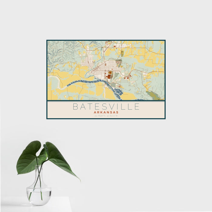 16x24 Batesville Arkansas Map Print Landscape Orientation in Woodblock Style With Tropical Plant Leaves in Water