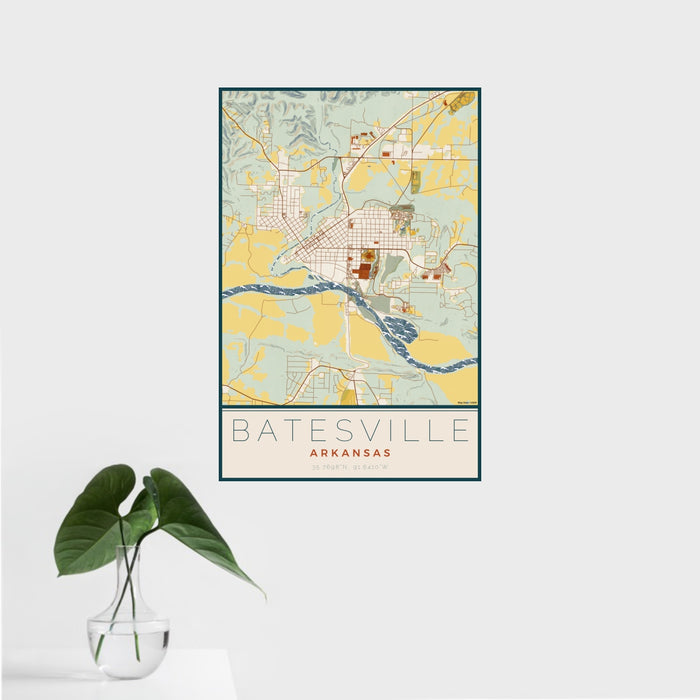 16x24 Batesville Arkansas Map Print Portrait Orientation in Woodblock Style With Tropical Plant Leaves in Water