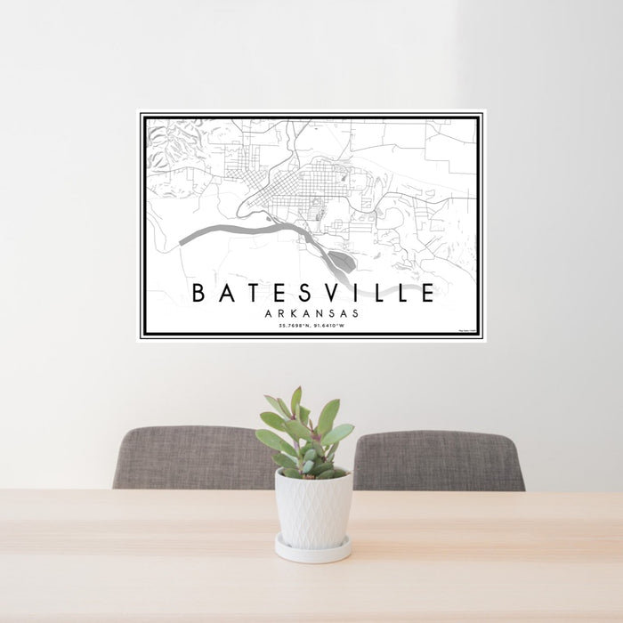 24x36 Batesville Arkansas Map Print Lanscape Orientation in Classic Style Behind 2 Chairs Table and Potted Plant