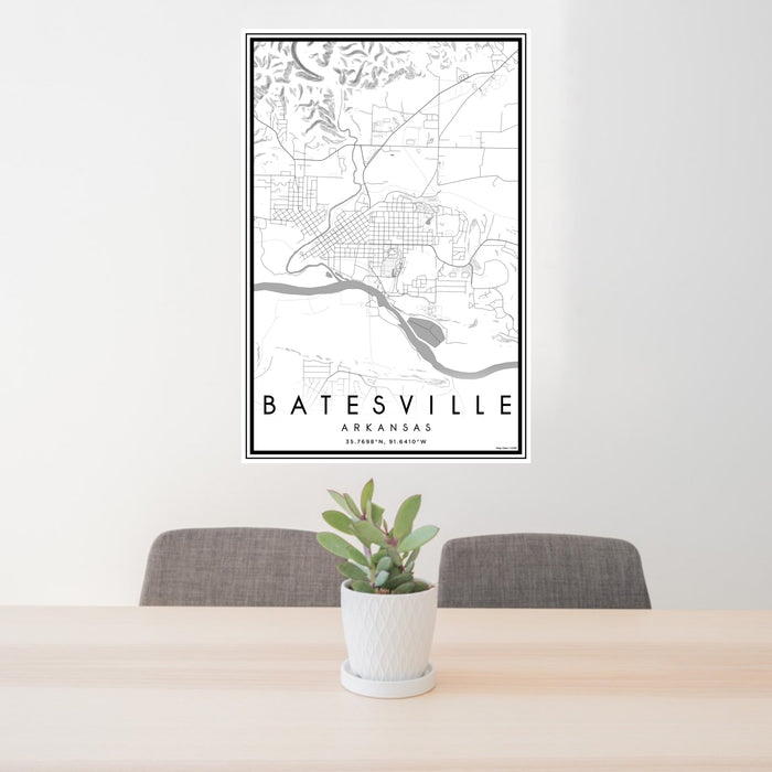 24x36 Batesville Arkansas Map Print Portrait Orientation in Classic Style Behind 2 Chairs Table and Potted Plant