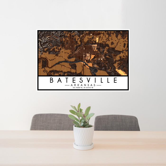24x36 Batesville Arkansas Map Print Lanscape Orientation in Ember Style Behind 2 Chairs Table and Potted Plant
