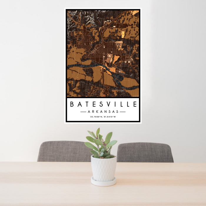 24x36 Batesville Arkansas Map Print Portrait Orientation in Ember Style Behind 2 Chairs Table and Potted Plant