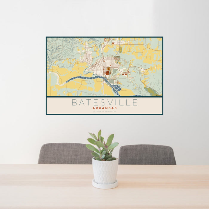 24x36 Batesville Arkansas Map Print Lanscape Orientation in Woodblock Style Behind 2 Chairs Table and Potted Plant