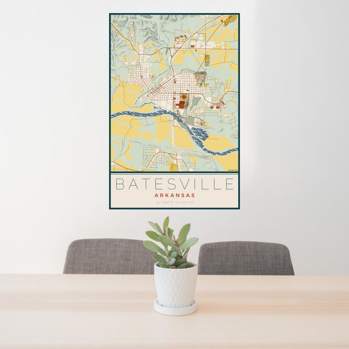 24x36 Batesville Arkansas Map Print Portrait Orientation in Woodblock Style Behind 2 Chairs Table and Potted Plant