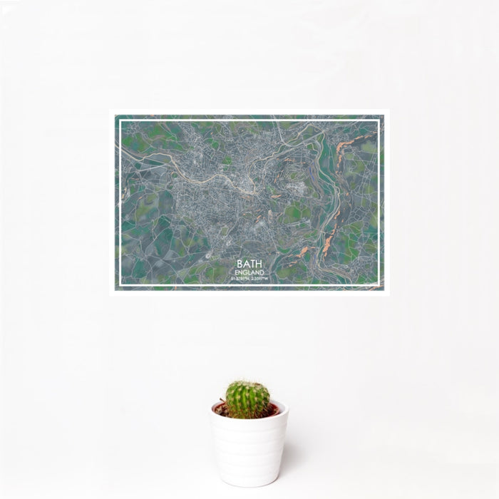 12x18 Bath England Map Print Landscape Orientation in Afternoon Style With Small Cactus Plant in White Planter