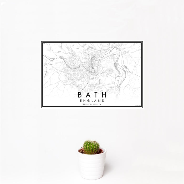12x18 Bath England Map Print Landscape Orientation in Classic Style With Small Cactus Plant in White Planter