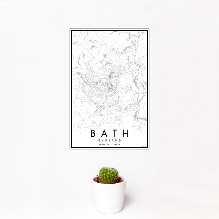 12x18 Bath England Map Print Portrait Orientation in Classic Style With Small Cactus Plant in White Planter