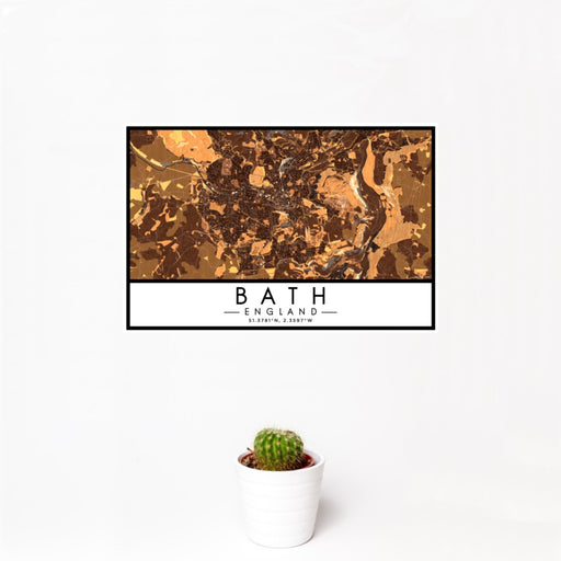 12x18 Bath England Map Print Landscape Orientation in Ember Style With Small Cactus Plant in White Planter